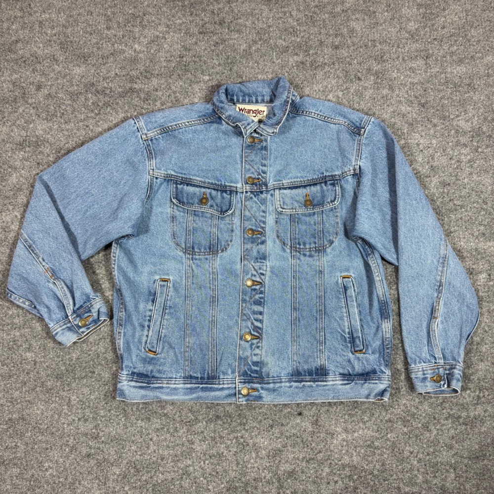 Wrangler Rugged Wear Denim Trucker Jacket Womens Large Blue 100% Cotton EUC